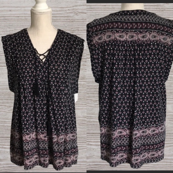 Style & Co. Tops - Style & co Sleeveless Tunic Floral Print Black Purple Tie String V-neck …